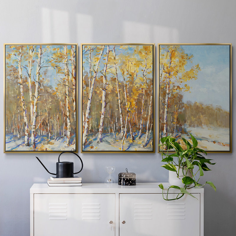 Arbres d'automne - Toile encadrée multi-pièces, H 24 po x l 48 po x P 2 po, Or