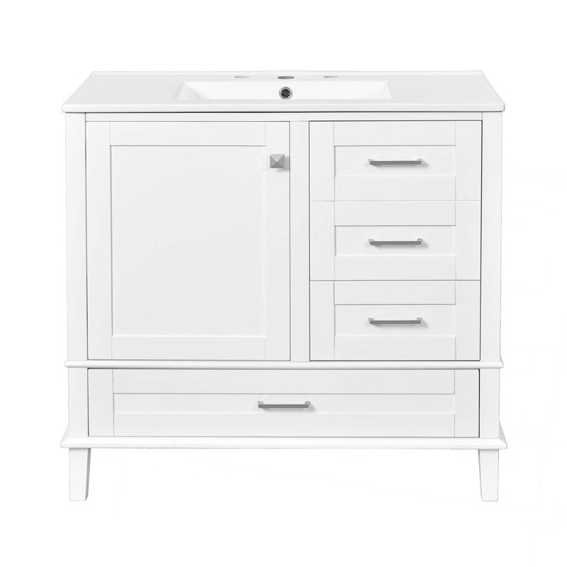 Meuble-lavabo moderne 36 po avec cadre en pin massif, 1 porte à fermeture douce et 3 tiroirs, armoire de rangement moderne