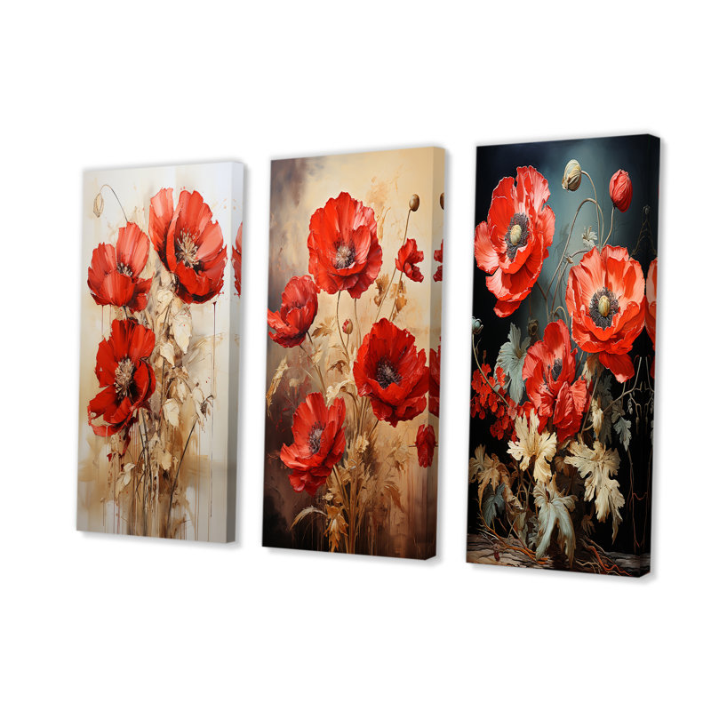 Poppies Scarlet Solitude - ensemble de 3 impressions sur toile coquelicots, Toile tendue, H 28 po x l 36 po