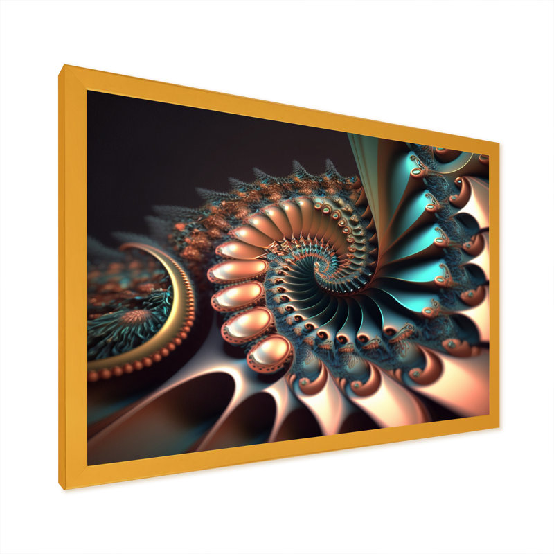 Fractal Wave en turquoise et or II - reproduction sur toile, H 12 po x l 20 po x P 1 po, Encadrement doré