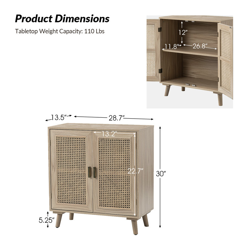 Cuillin 30'' Tall 2 - Rattan Door Accent Cabinet with Solid Wood Legs, Acorn
