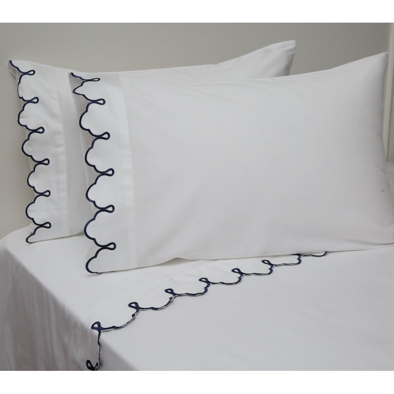 Scalloped 100% Cotton Standard Sheet Set, Twin Sheet Set, White Navy