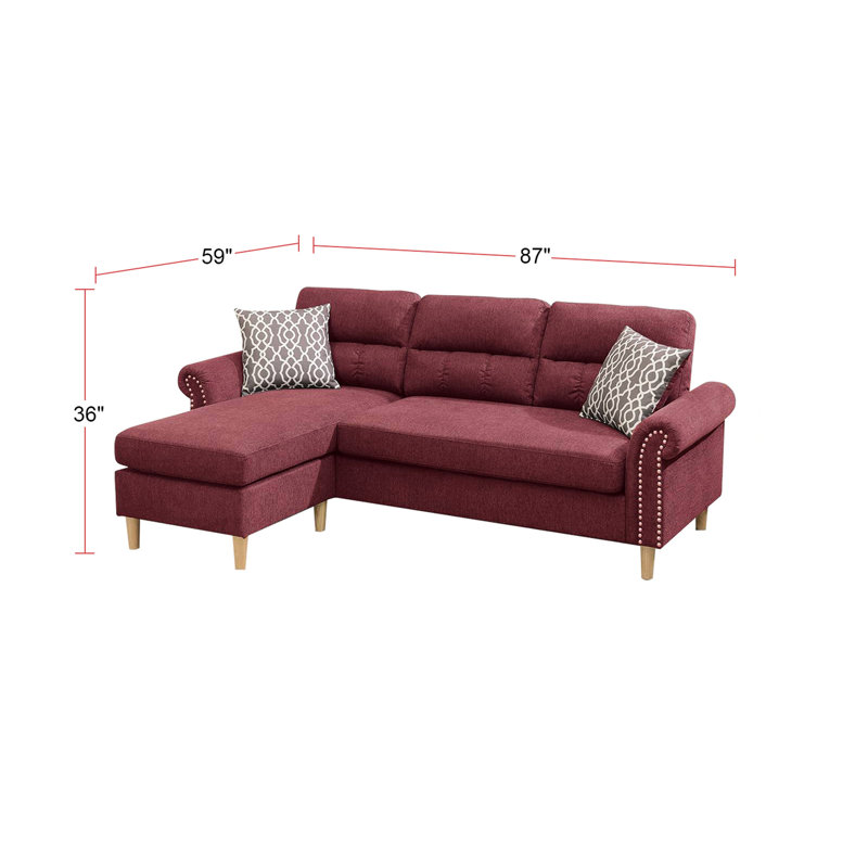 Canapé modulaire en velours rouge riche avec détails réversibles et détails cloutés aux accents vifs
