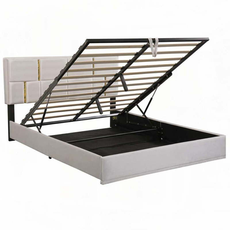 Lit plateforme tapissier avec système de rangement hydraulique, Beige