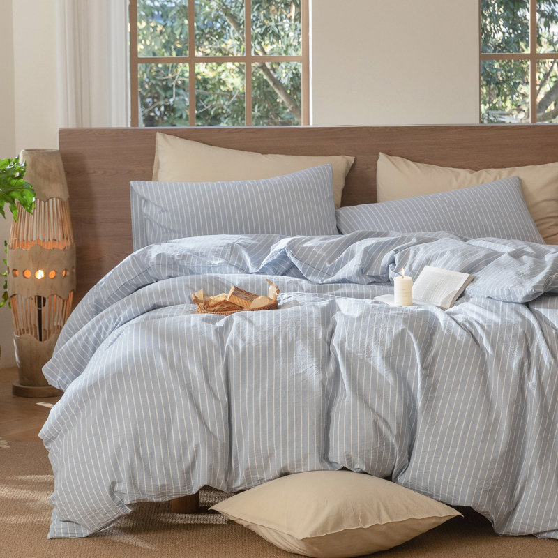 Ensemble de housse de couette à rayures 100% coton lavé MooMee, Larges rayures - bleuet / blanc