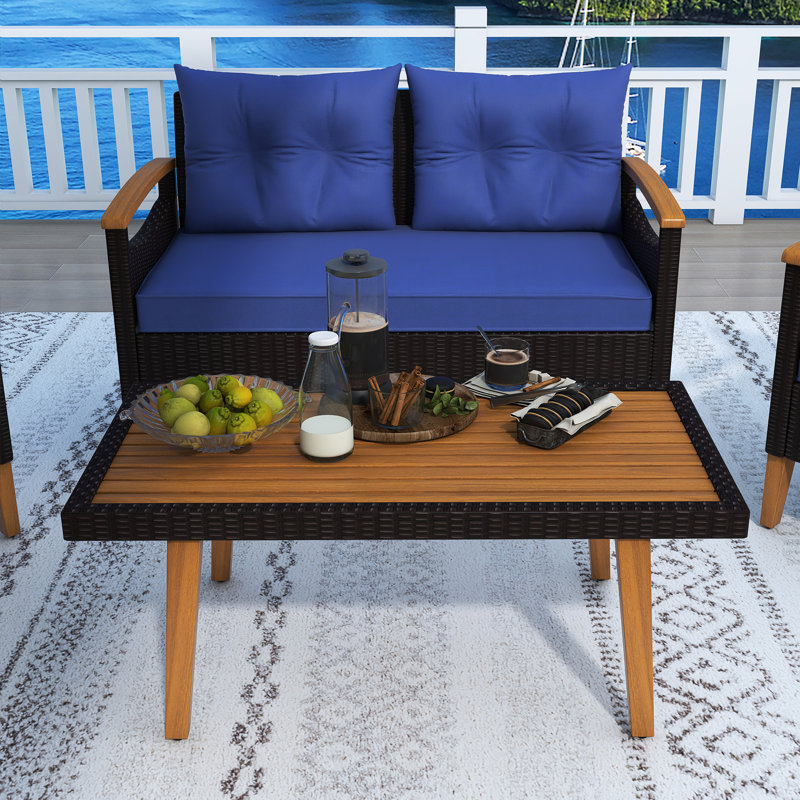 ENSEMBLE DE SIÈGE DE 4 PIÈCES EN PATIO DE PETIT DE PETIT RATTAN PETIT, Bleu