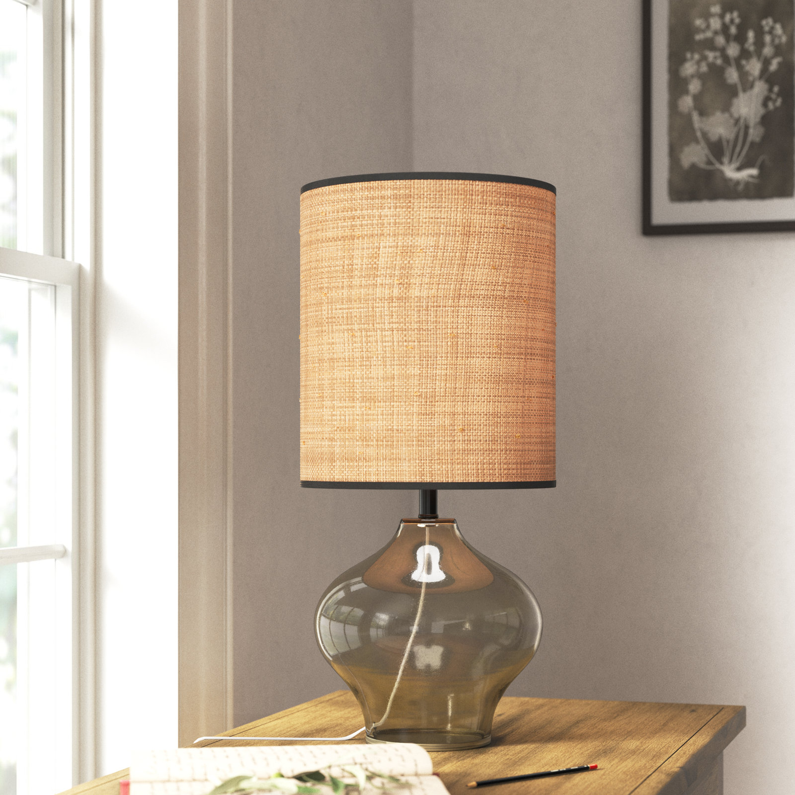 Philomena Glass Table Lamp, Dark Green/Black, Natural Woven Rattan/Black Trim, 23.50" H x 11" W x 11" D