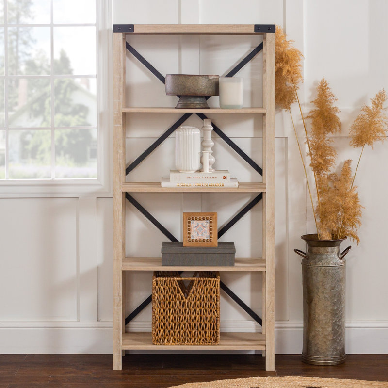 Larenda 64" Etagere 4-Shelf Bookcase, White Oak