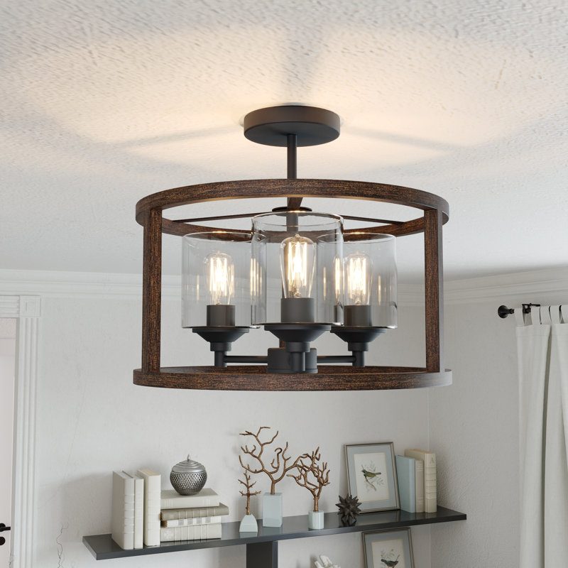 Cotina 3-Lights Glass Semi Flush Mount Ceiling Light, Weathered Walnut