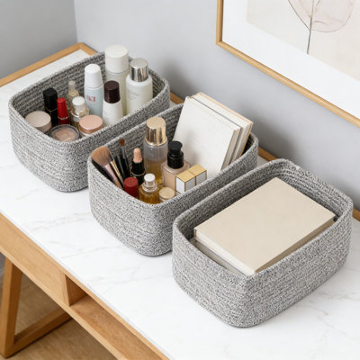 Woven Cotton Storage Baskets Set Of 3, Handmade Organizer Bins For Closet, Shelf, Desk, And Nursery, Decorative Rectangular Baskets For Home Organization