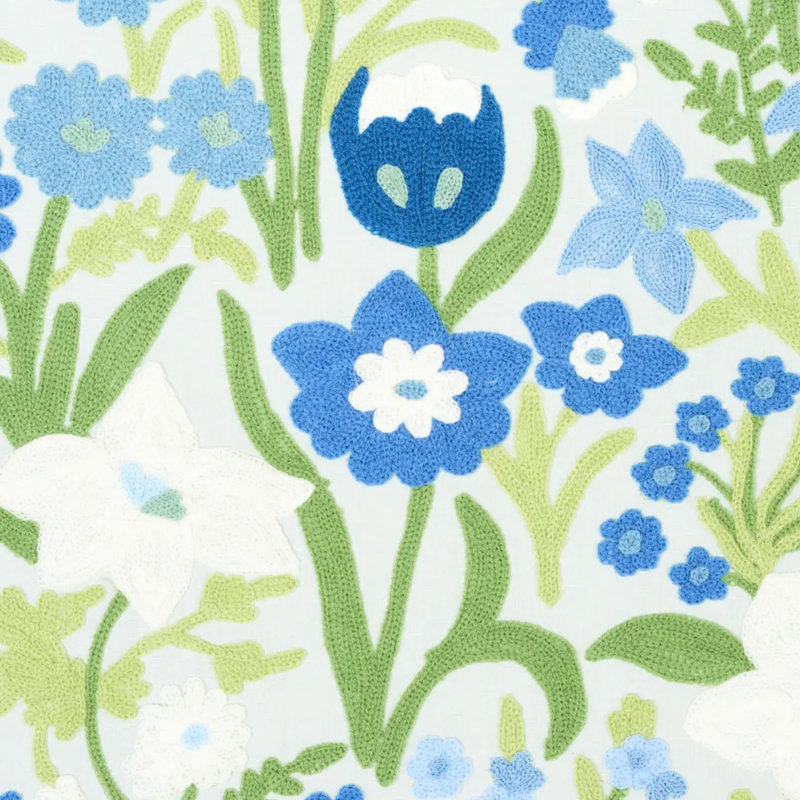 Crewel Garden Fabric, Blue/ Medium Blue/ White