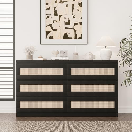 Rattan Dresser for Bedroom with 6 Drawers, 47 in Modern Farmhouse Wide Chest of Drawers, Wood Storage Cabinet Organizer for Closet, Living Room, Hallway