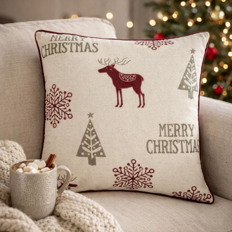 Housse de coussin Merry Christmas Renne rouge, lin blanc cassé 20 po