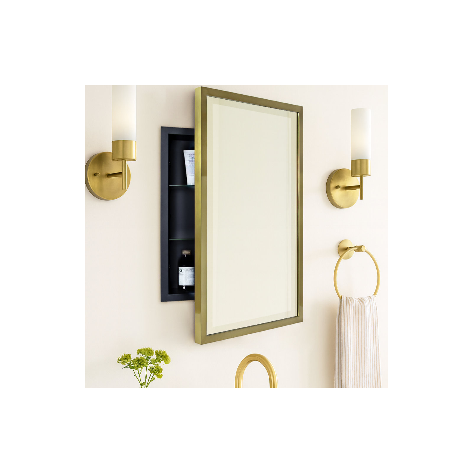 Haddison Recessed Framed Medicine Cabinet with Mirror and Adjustable Shelves, Brushed Gold, 24" x 16"