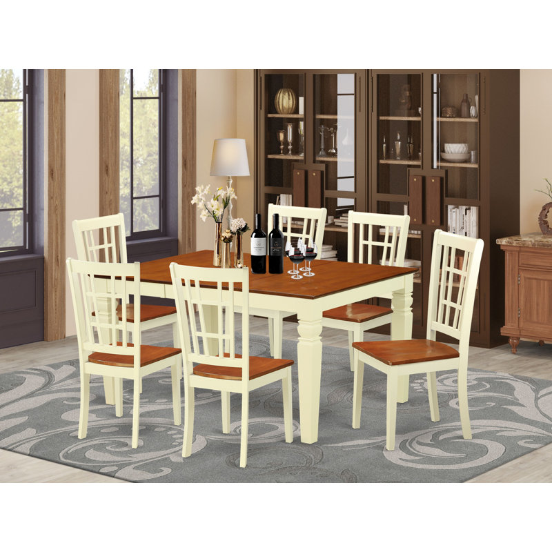 7 Piece Kitchen Table & Chairs Set Consist of a Rectangle Dining Room Table with Butterfly Leaf and 6 Dining Chairs, Buttermilk & Cherry
