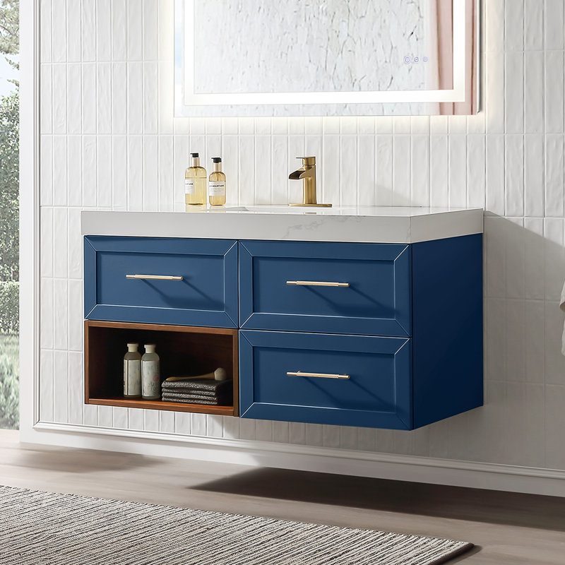 48" Wall Mounted Single Bathroom Vanity with Quartz Top, Navy Blue