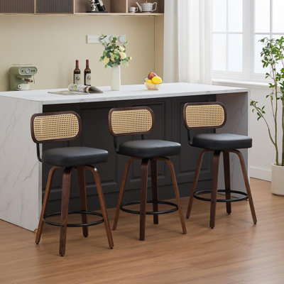 Swivel Bar Stools Set of 3 Upholstered Wing Back Counter Height Chairs with Ergonomic Wood & Rattan Backrest, 360° Swivel, Cushioned Seat, Metal Footr