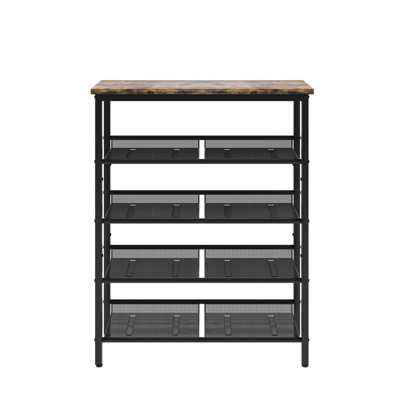 Range-chaussures réglable avec structure quadrillée à 4 couches - support industriel à solution compacte, 4 tablettes en filet, plateau de rangement en bois