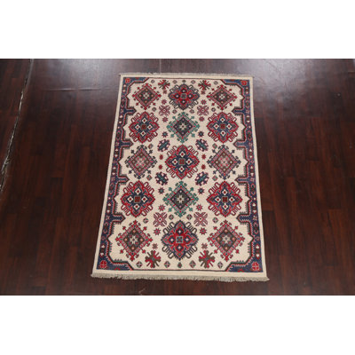 Tapis oriental géométrique Kazak noué à la main 5 x 7