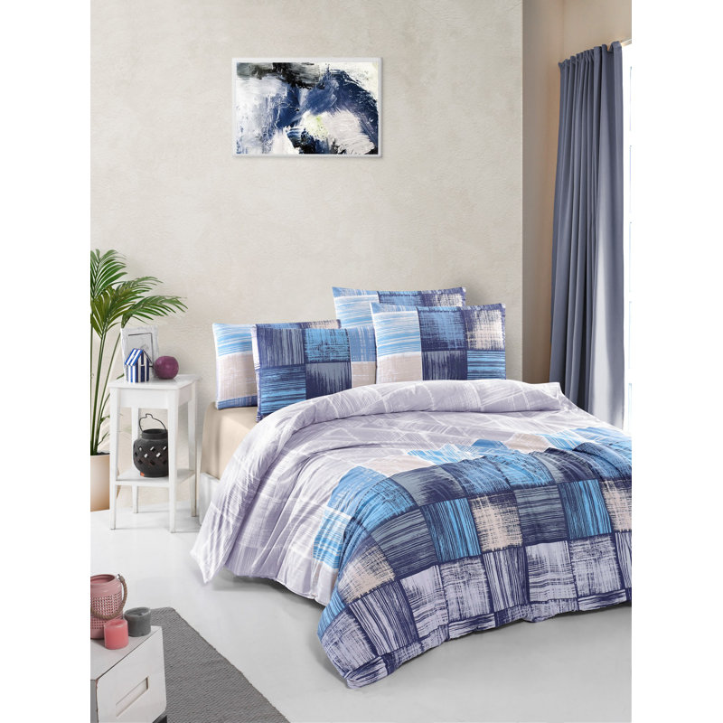 Premium 100% Cotton Ranforce Quilt Cover Set, Blue & Dark Blue & Beige, Duvet Cover & 1 Pillowcase 31.5 x 31.5 inches | Machine Washable, 145 Thread Count, Stylish & Durable Design