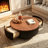 36" Modern Fluted Round Coffee Table Set of 2 with 2 Hidden Storage Drawers, Walnut Finish Top & Tempered Glass Side Table