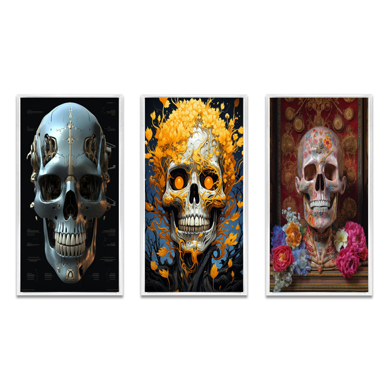 «Happy Cyborg Skull» - ensemble de 3 pièces sur toile, Cadre blanc, H 36 po x l 28 po