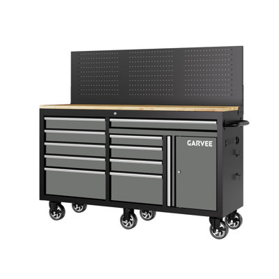 60" Rolling Tool Chest with Pegboard & Power Station, 10-Drawer Workbench with Rubberwood Top, Heavy Duty Mobile Tool Cabinet for Garage & Workshop, Gray