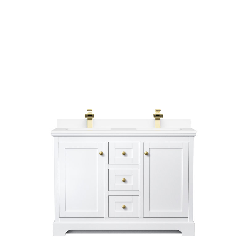 Ensemble de meuble-lavabo double 48 po Avery, Bleu foncé, Marbre de culture blanc, Chrome poli