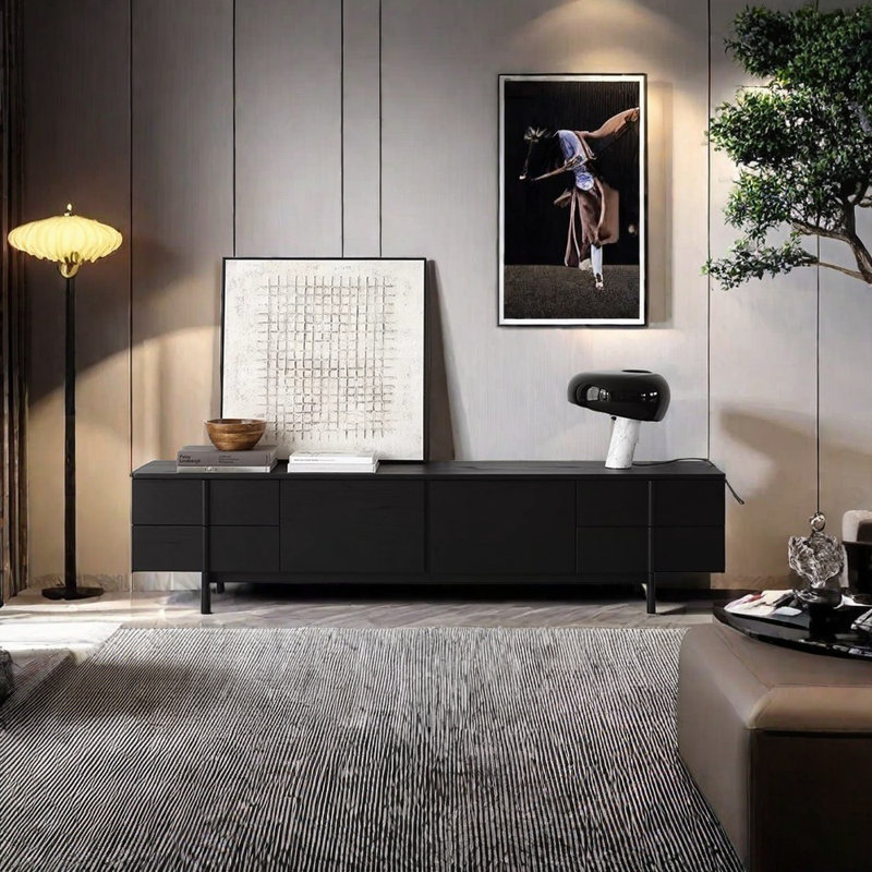 Solid wood TV stand Double drawer, Black
