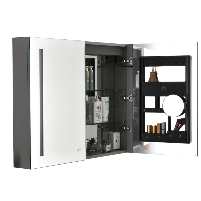 Pharmacie pour salle de bain à DEL 40 po x 30 po, tous les miroirs, brouillard, à intensité variable, 3 températures de couleur, tablette réglable, douille, aluminium, rouille avec dimensions en pouces, miroir, douille en verre