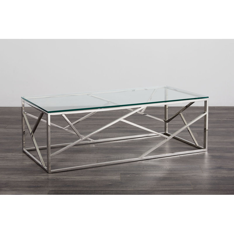 Laith Glass Top Coffee Table, 15.7" H x 47" L x 23.6" W, Silver