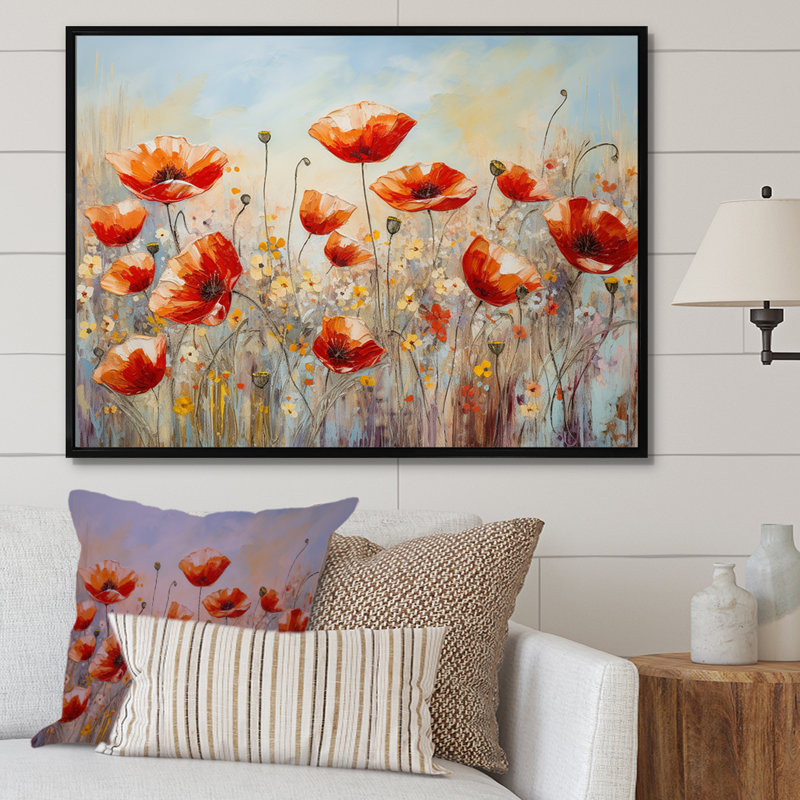 «Red Poppies Blossoming II», reproduction sur toile, Cadre flottant noir, H 30 po x l 40 po x P 1,5 po