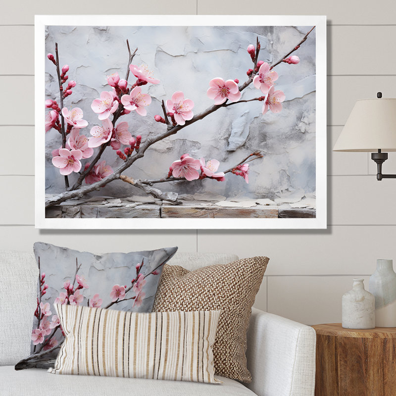 Fleurs de cerisier rose fin de l'hiver - art mural cerisier en fleurs, Cadre de coin blanc fermé