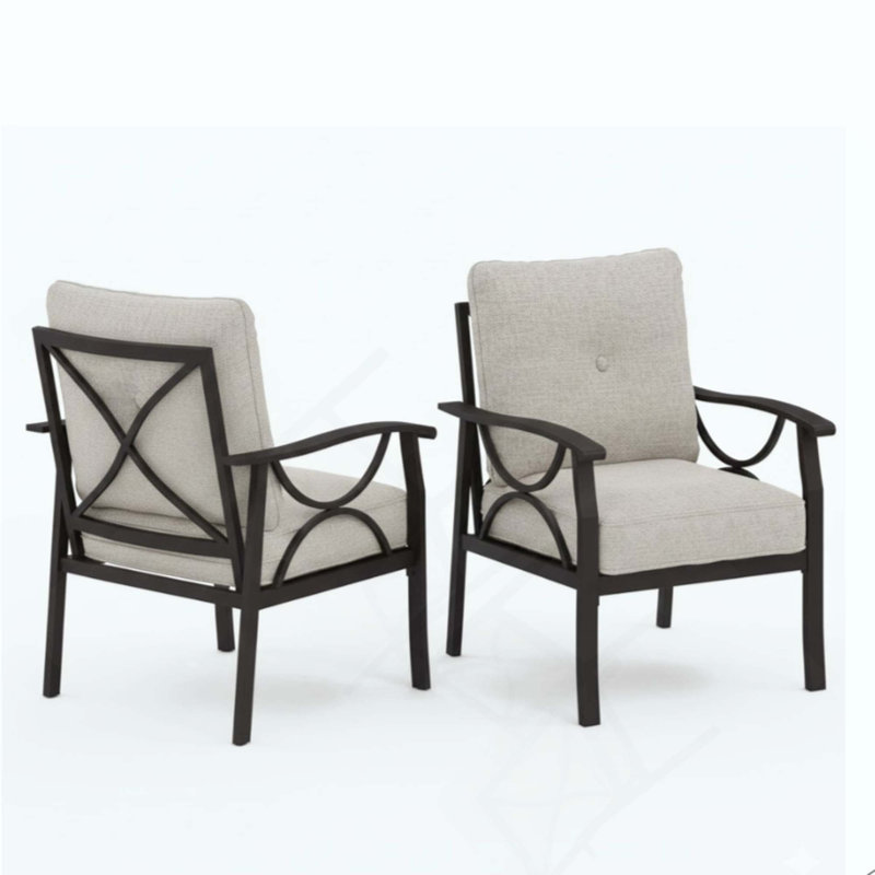 Ensemble de 2 fauteuils en métal toutes saisons, structure avec coussins, Beige, Kaki pâle