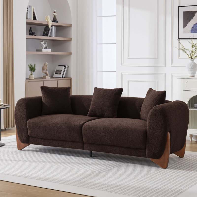 87" Upholstered Sherpa Boucle Sofa with Solid Wood Legs, Dark Brown