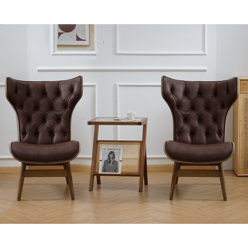 Lexey Upholstered Tufted Wingback Chair, Dark Brown Faux Leather