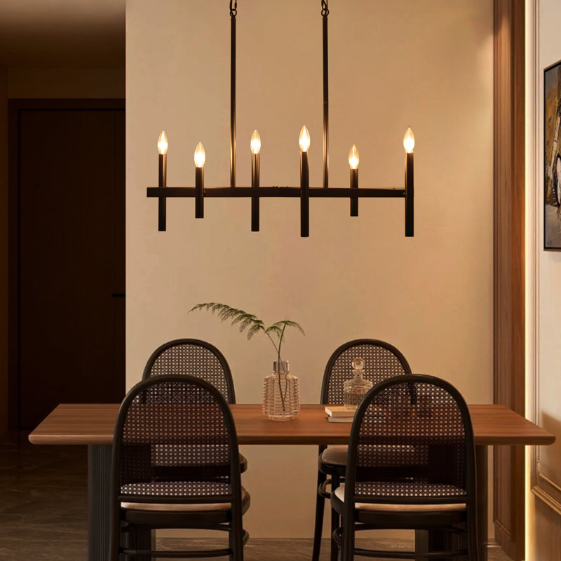 Lustre pour îlot de cuisine à 6 lumières à intensité variable pour salle à manger, Noir mat, 6 lumières