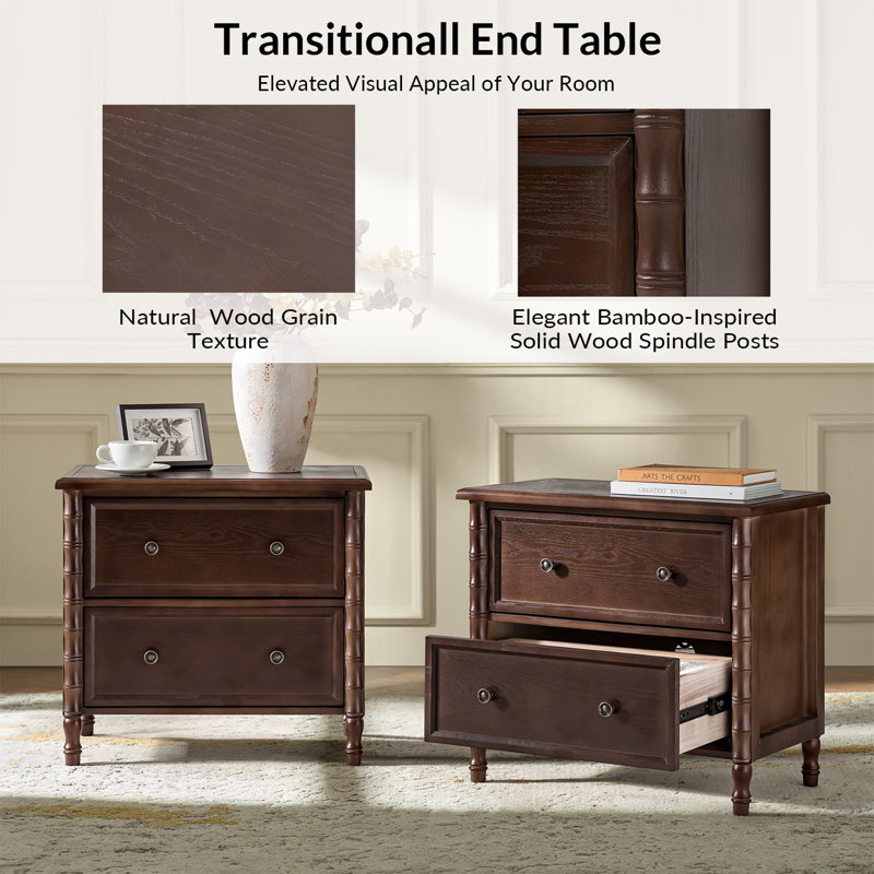 Lucious Transitional 26''W 2-Drawer Spindle End Table with Charging Station and Simple Assembly, Walnut