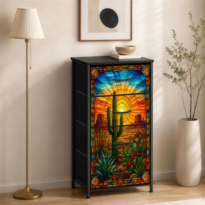 Commode 4 tiroirs pour chambre à coucher Vitrail Western cactus soleil nuage ciel Désert paysage Saguaro Petite grande commode pour vêtements