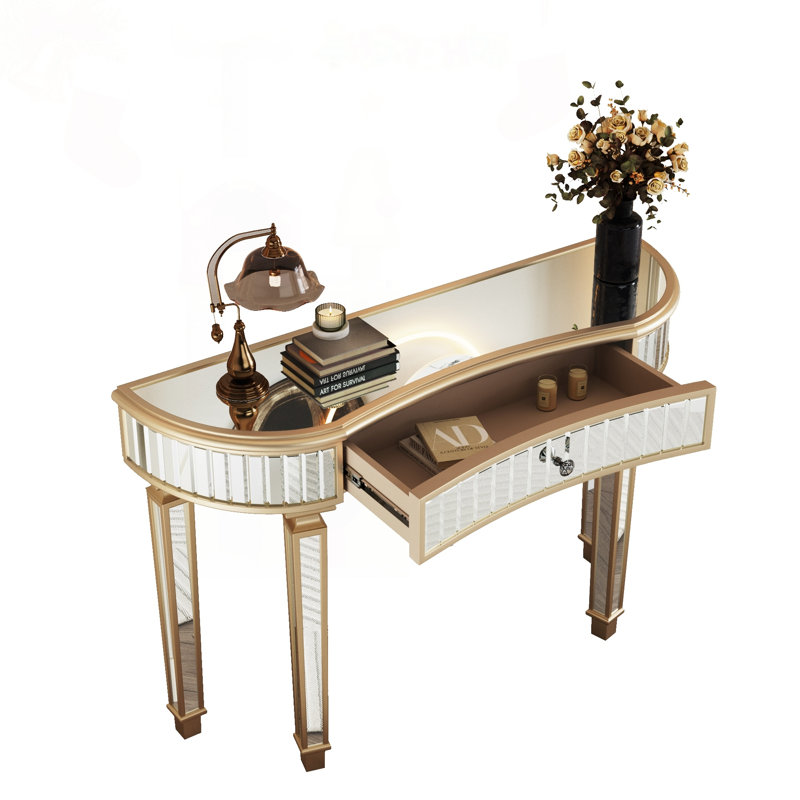 Console demi-lune à miroir en verre cannelé, Or / argent