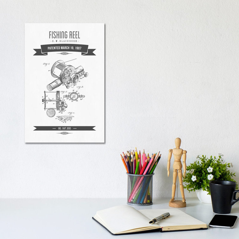 G.W. Blackburn Fishing Reel Patent Sketch Retro (Charcoal) by Aged Pixel - Wrapped Canvas Gallery-Wrapped Canvas Giclée