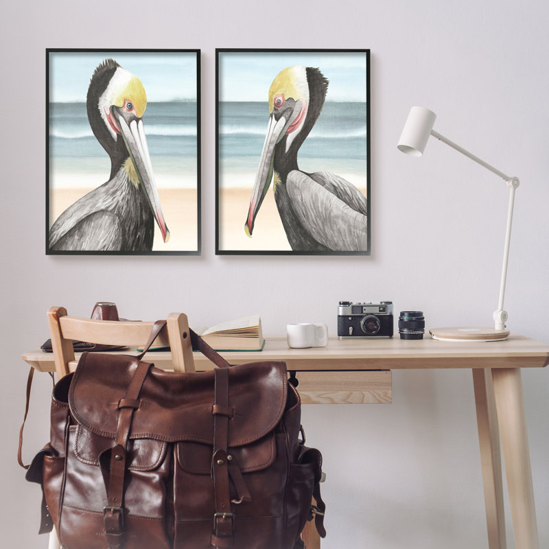 «Pelicans On Beach», reproduction encadrée sur bois 2 pièces, H 30 po x l 48 po x P 1,5 po, Giclée encadrée noir minuit