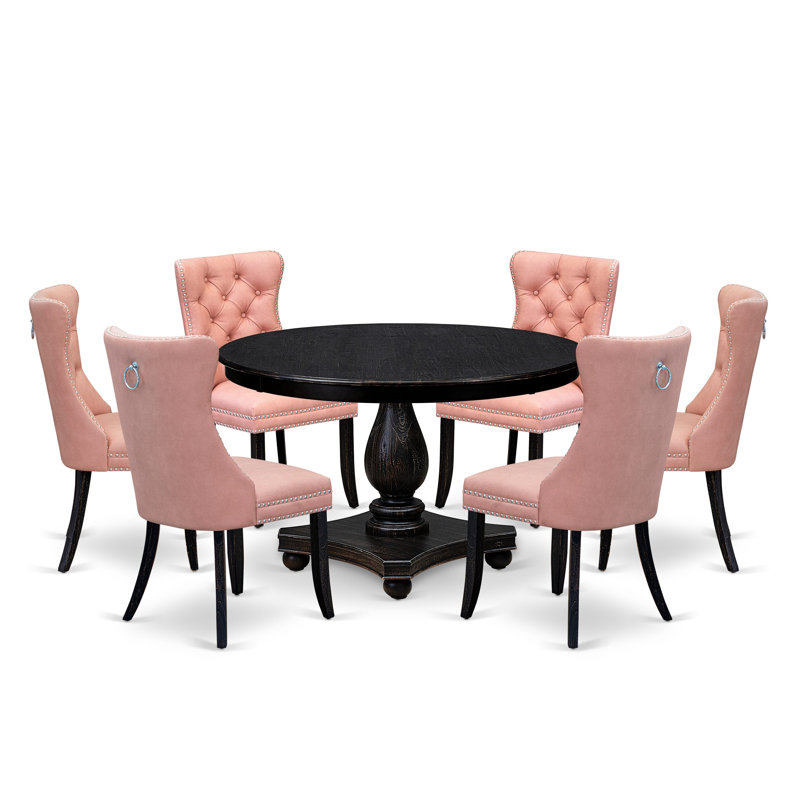 7 Piece Dining Set Contains a 48" Round Kitchen Table with Pedestal and Polyester Fabric Parson Chairs, Sand Blasted Black