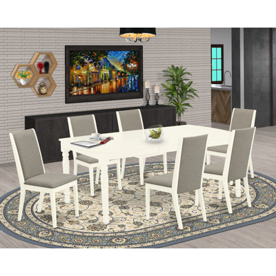 Ensemble de salle à manger 7 pièces composé d'une table de salle à manger rectangulaire avec feuille papillon et 6 chaises rembourrées en tissu Shitake, lin blanc