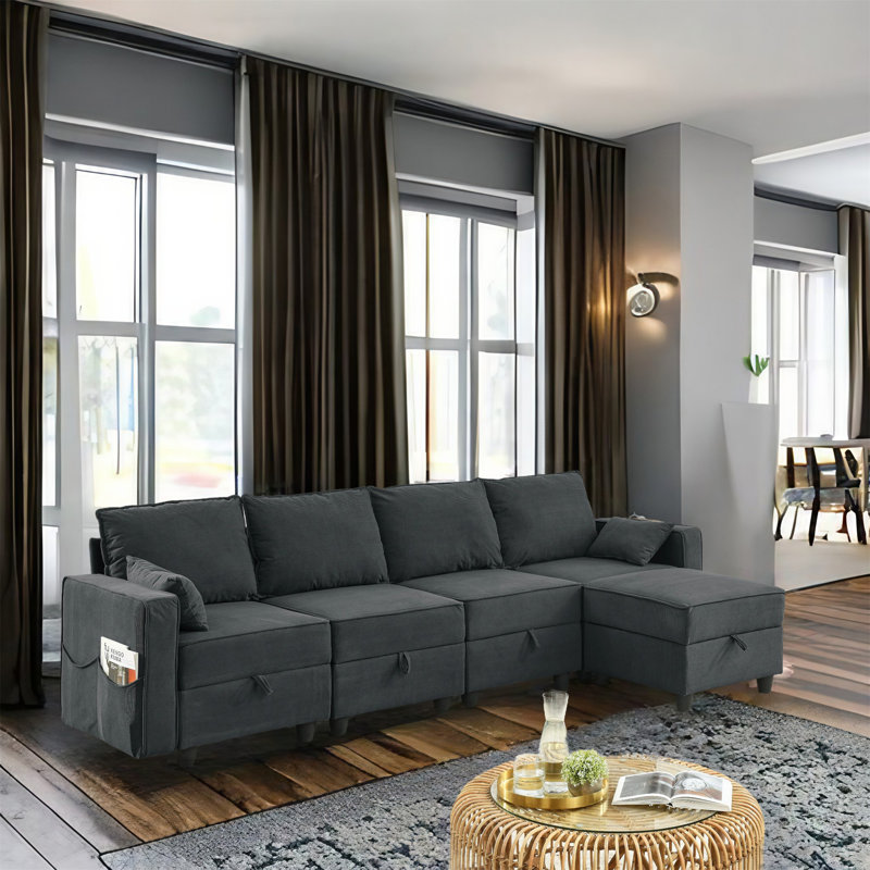 Canapé modulaire 5 pièces Mandica, Velours côtelé bleu marine
