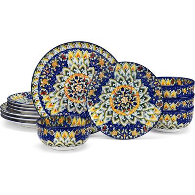 12 Pieces Dinnerware Sets,  Plates And Bowls Set, Porcelain Dishes Set For 4, Microwave And Dishwasher Safe, Scratch Resistant, Bohemian Style Dining Ware Service For 4, Series SIMI