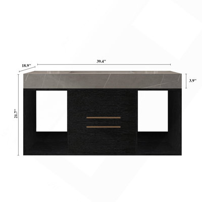 Meuble-lavabo flottant contemporain simple 39,4 po avec comptoir en faux marbre, lavabo en céramique et 2 tiroirs en bois massif multicouches