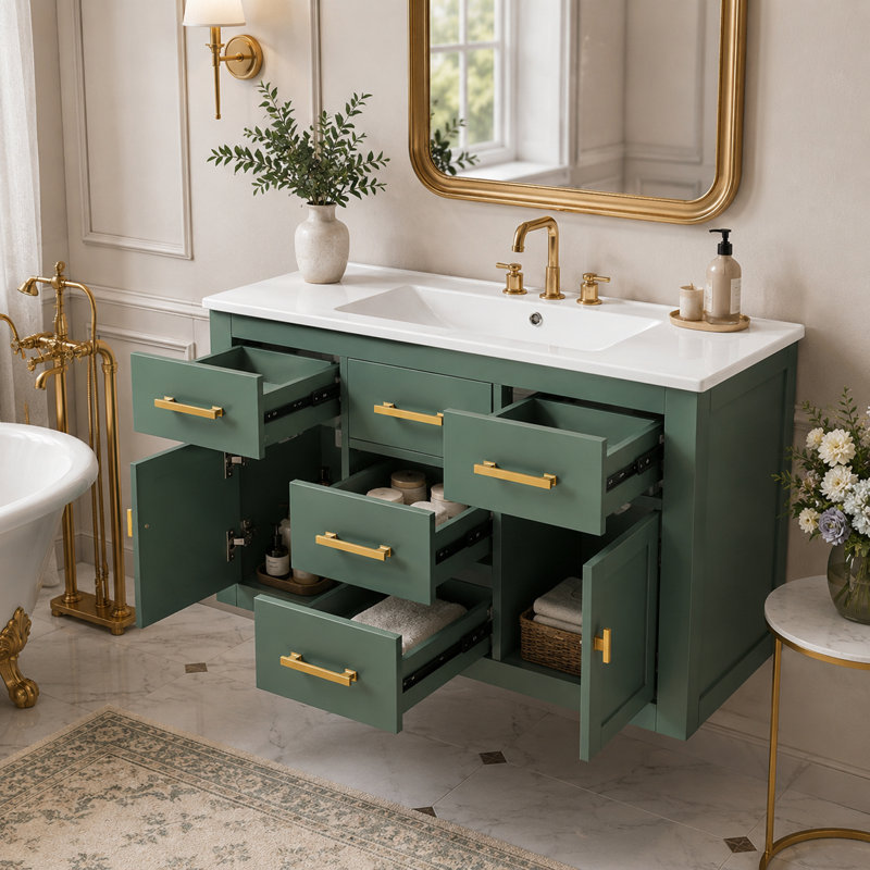 Meuble-lavabo mural de 91 cm (36 po) avec lavabo blanc lustré, plusieurs tiroirs et portes à fermeture amortie, style français