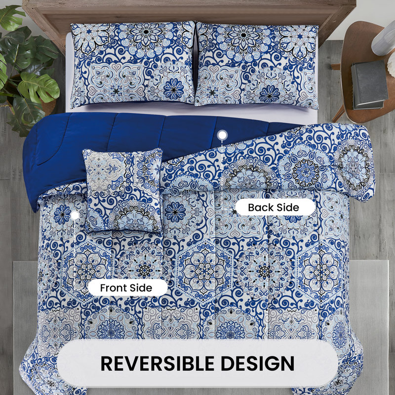 5 Piece Comforter set Reversible Comforter with Decorative Pillow Sham and Bed Skirt, Navy Moroccan