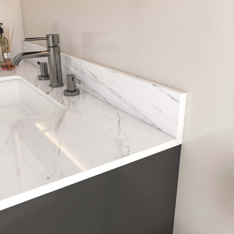 Comptoir de meuble-lavabo 43 po, comptoir blanc avec 3 trous de robinet pré-percés, comptoir de salle de bain avec lavabo central rectangulaire encastré et dosseret de 4 po de hauteur, Bianco Carrara Venato